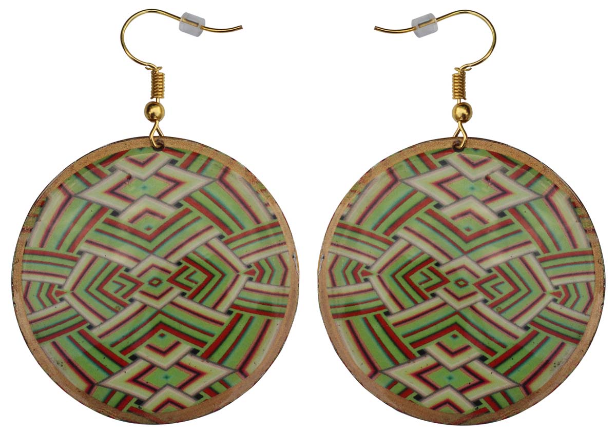 2.5” Pair of Round Hook Earrings in Brass - Green Interlocked Dimensional Pattern - Drop Earrings / Women Fashion Jewelry - Buy in Bulk Wholesale